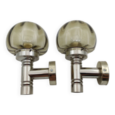 2 Appliques en laiton nickelé et verre fumé style Scoliari