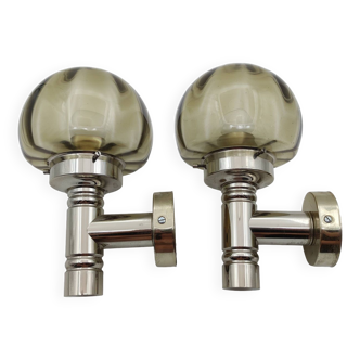 2 Sconces in nickel-plated brass and smoked glass, Scoliari style