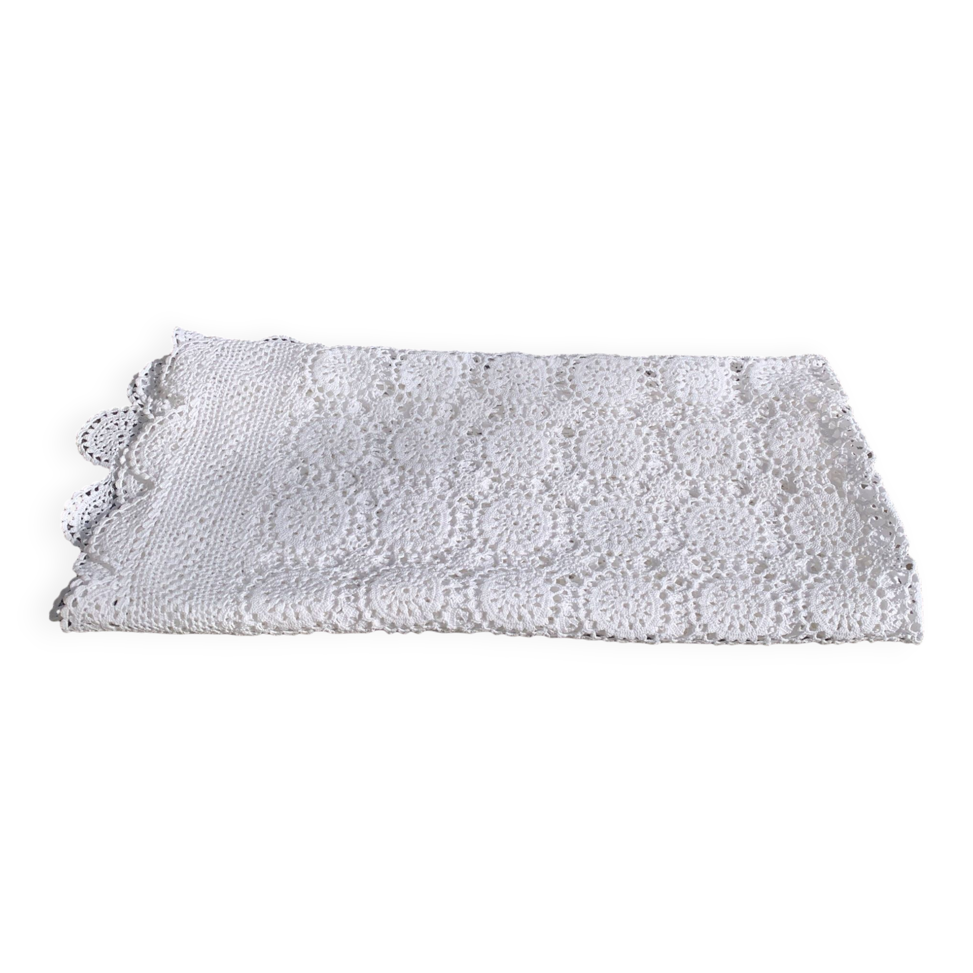 Tablecloth, crochet blanket in white cotton, artisanal and vintage