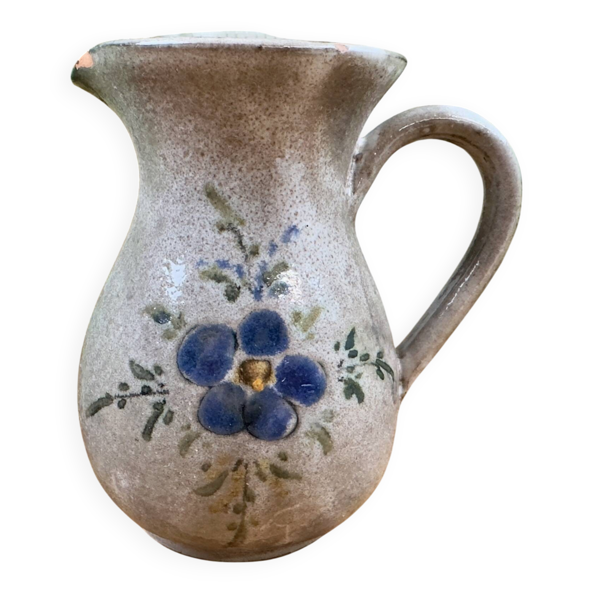 Vintage grey ceramic pitcher with hand-painted blue flower decoration.