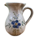 Pichet ancien en céramique grise décor fleur bleue peint main vintage