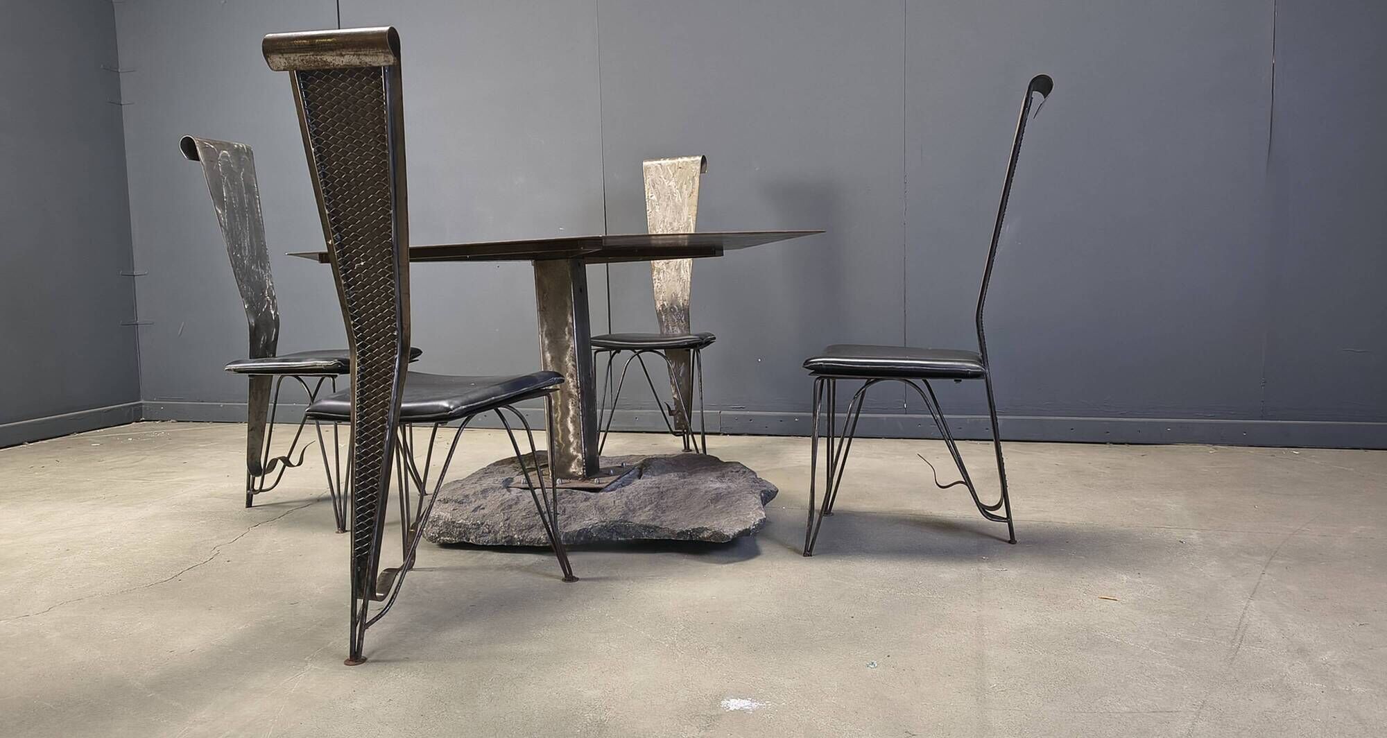 Hand crafted steel and stone dining set, 1970s