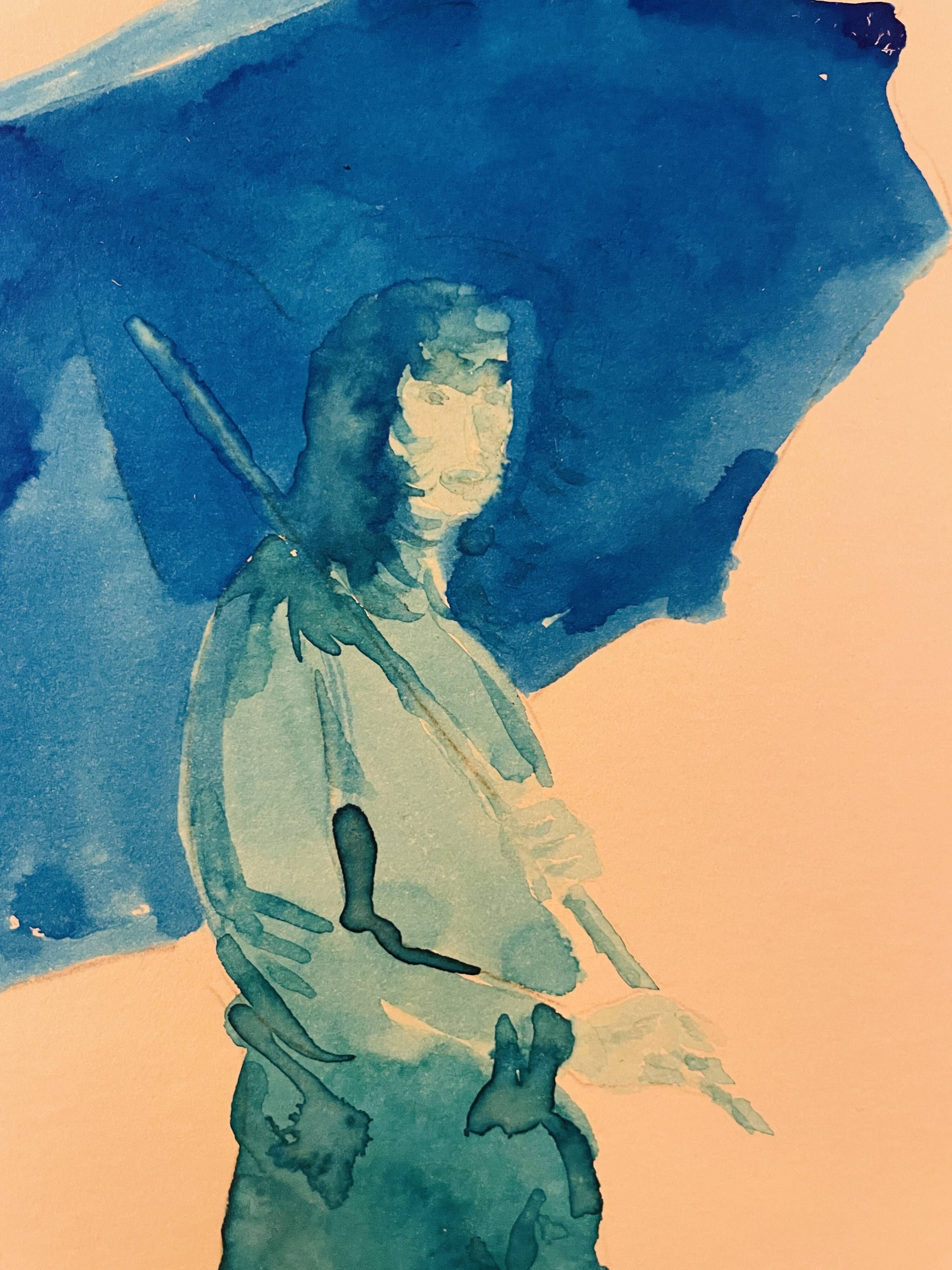 Monochrome blue painting signed female portrait "weekend in Deauville"