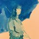 Monochrome blue painting signed female portrait "weekend in Deauville"