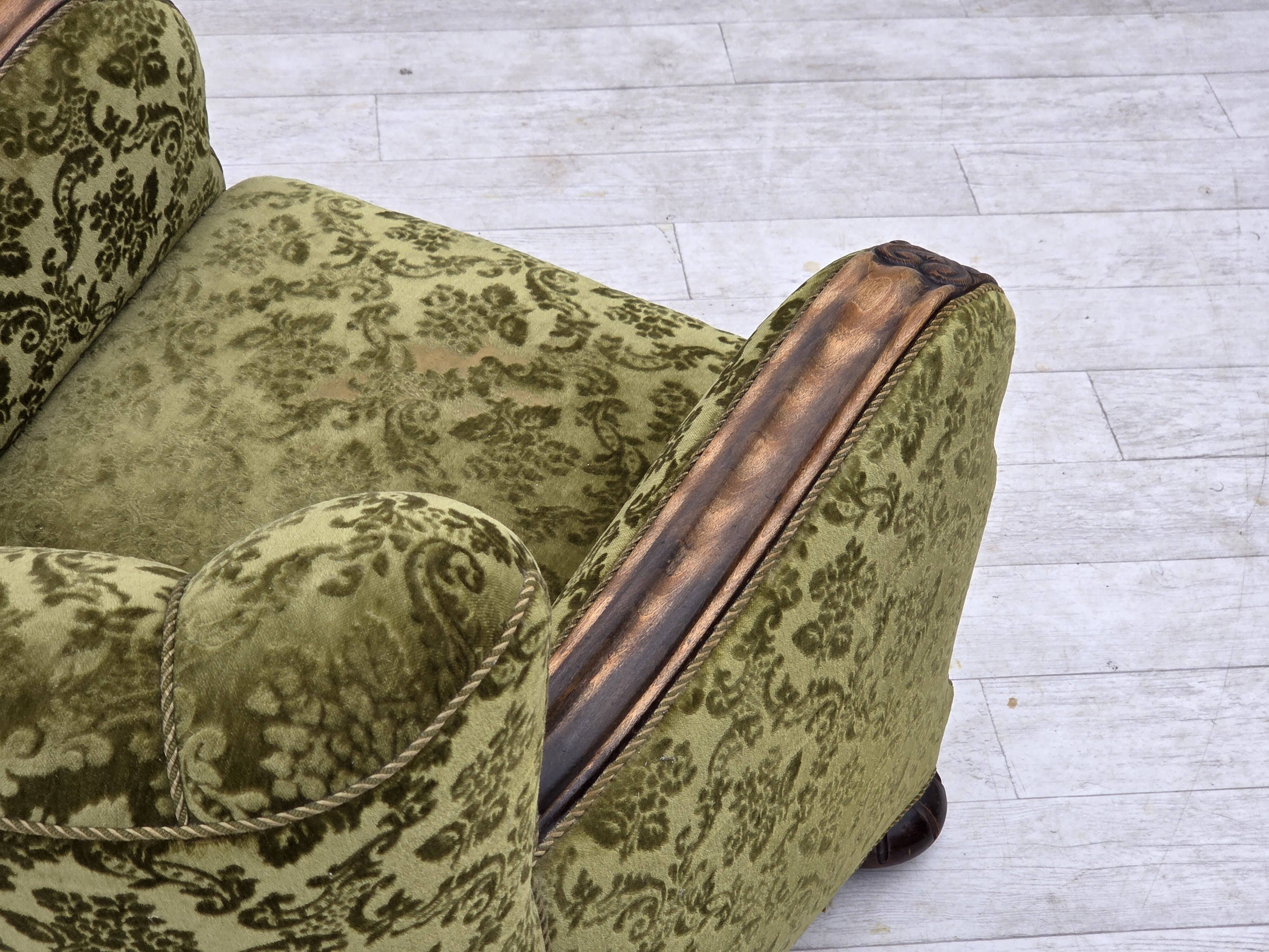 1950s, Danish relax chair, furniture velour, oak wood.