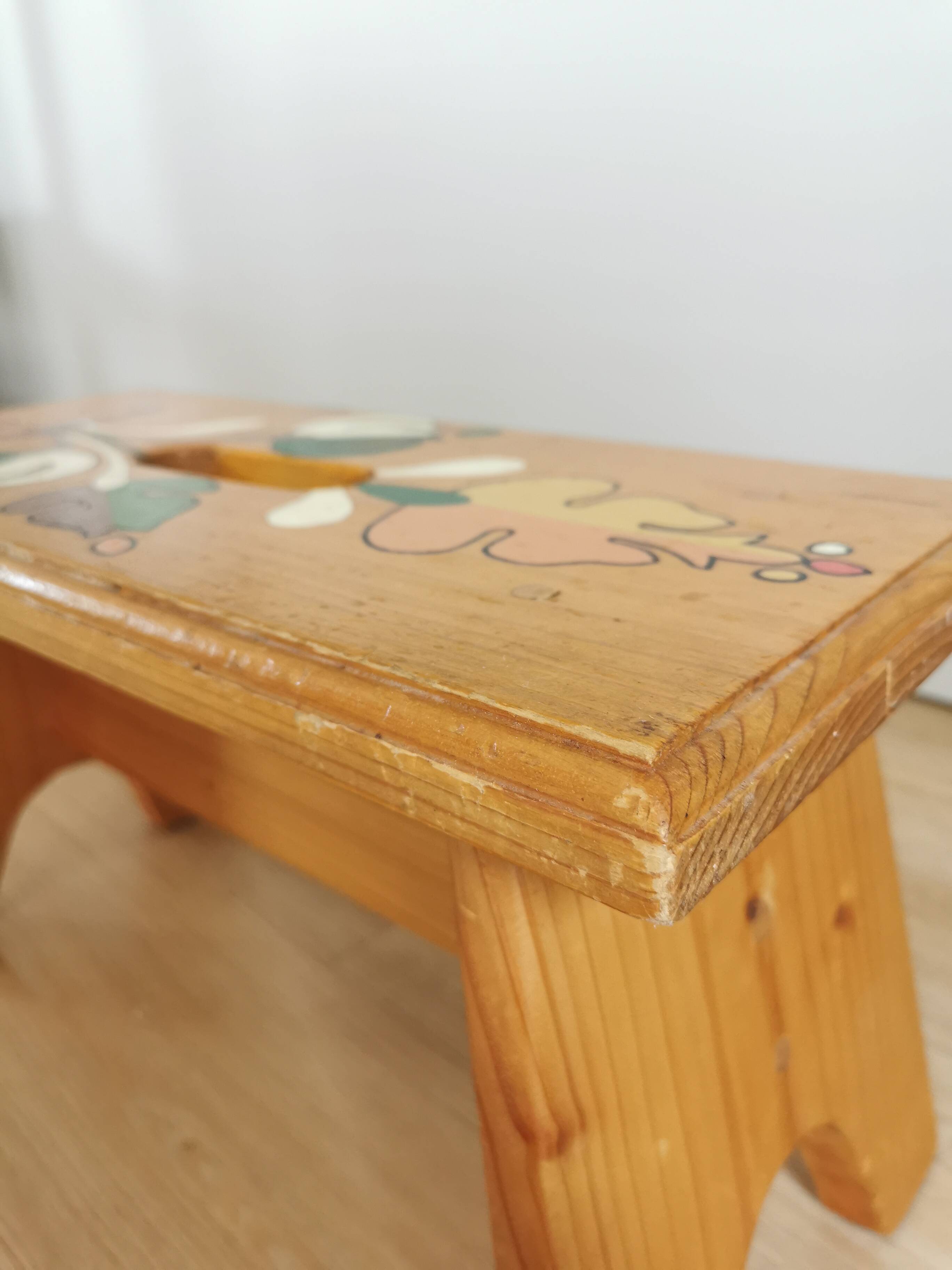 Vintage Hand-Painted Wooden Footstool: Yugoslavian Folk Art Decor