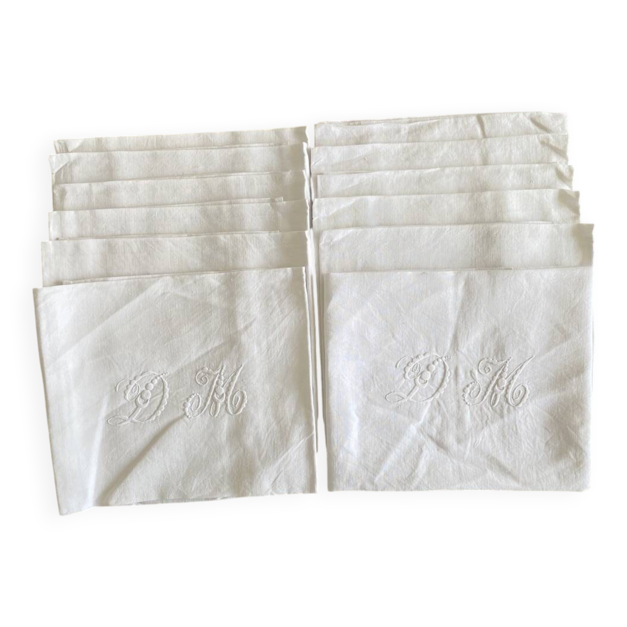 Set of 10 antique hand-embroidered "DM" napkins - Linen threads - 72x86 cm