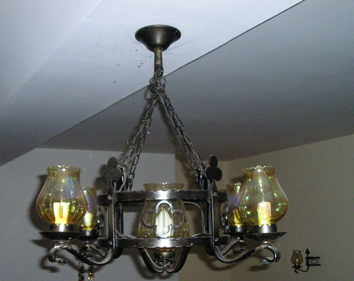 Chandelier and its 2 wrought iron sconces 1960