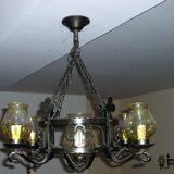Lustre et ses 2 appliques en fer forgé 1960