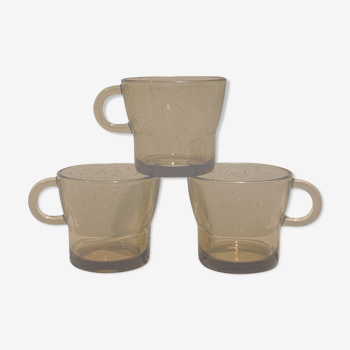 Three vintage coffee cups Duralex smoked glass