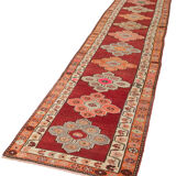 Hand-knotted decorative turkish red runner carpet 88 cm x 470 cm