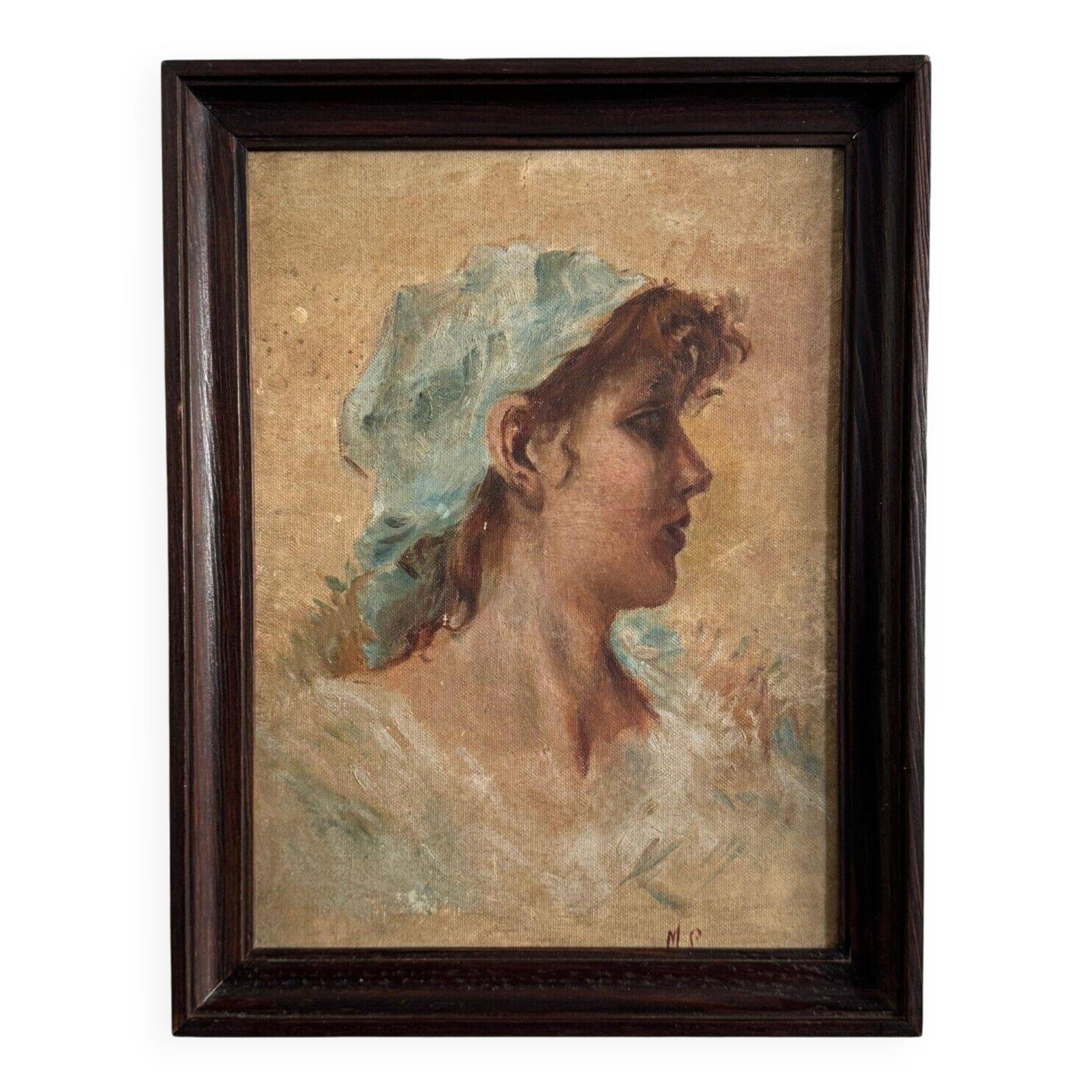 Oil on Isorel portrait of a young girl with a blue scarf, monogrammed MP