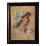 Huile sur isorel, portrait de jeune fille au foulard bleu monogramme MP