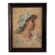 Huile sur isorel, portrait de jeune fille au foulard bleu monogramme MP