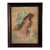 Oil on Isorel portrait of a young girl with a blue scarf, monogrammed MP