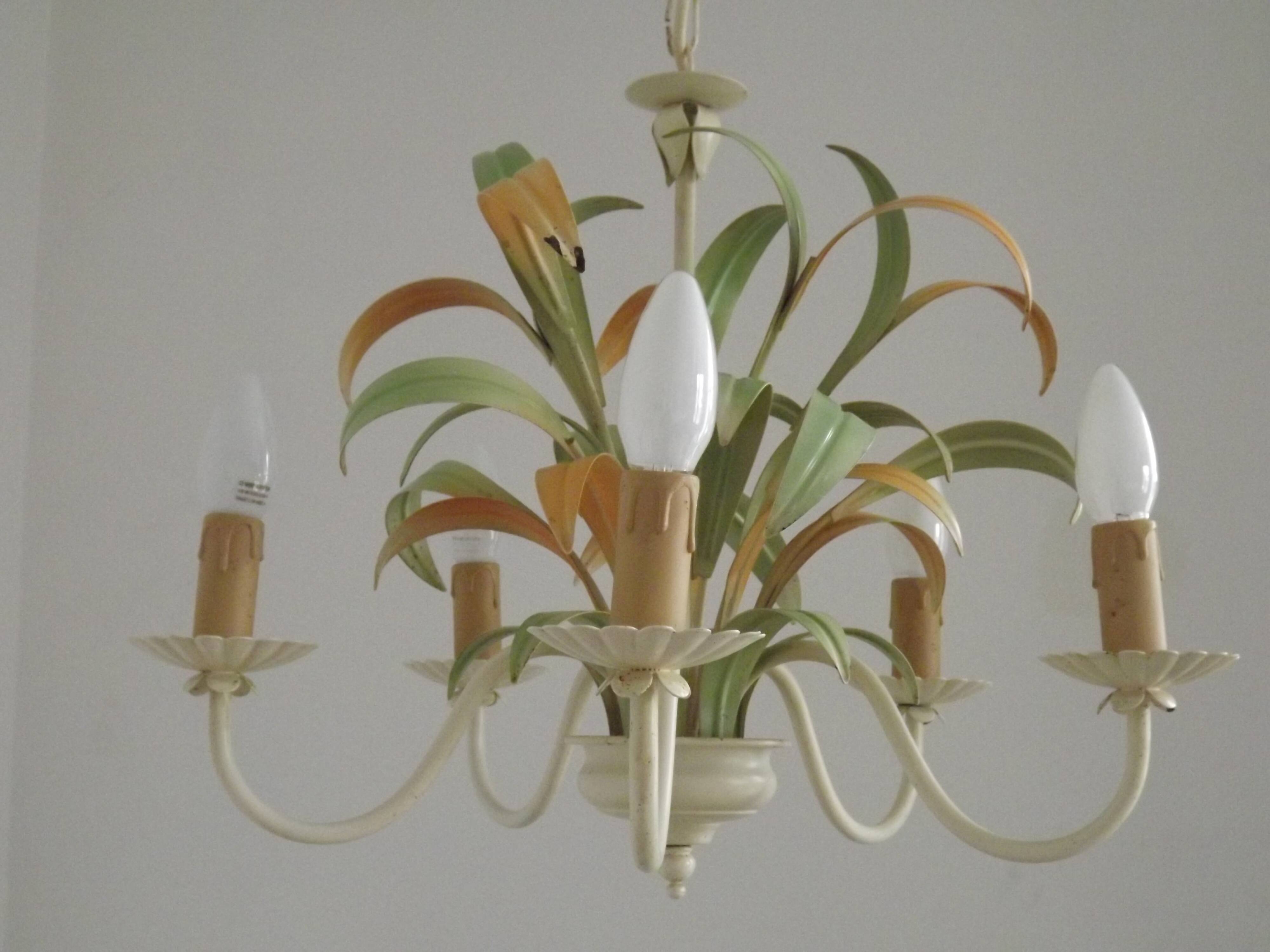 French Vintage Cream 5 Light Metal Chandelier Green and Peach Leaves