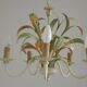 French Vintage Cream 5 Light Metal Chandelier Green and Peach Leaves
