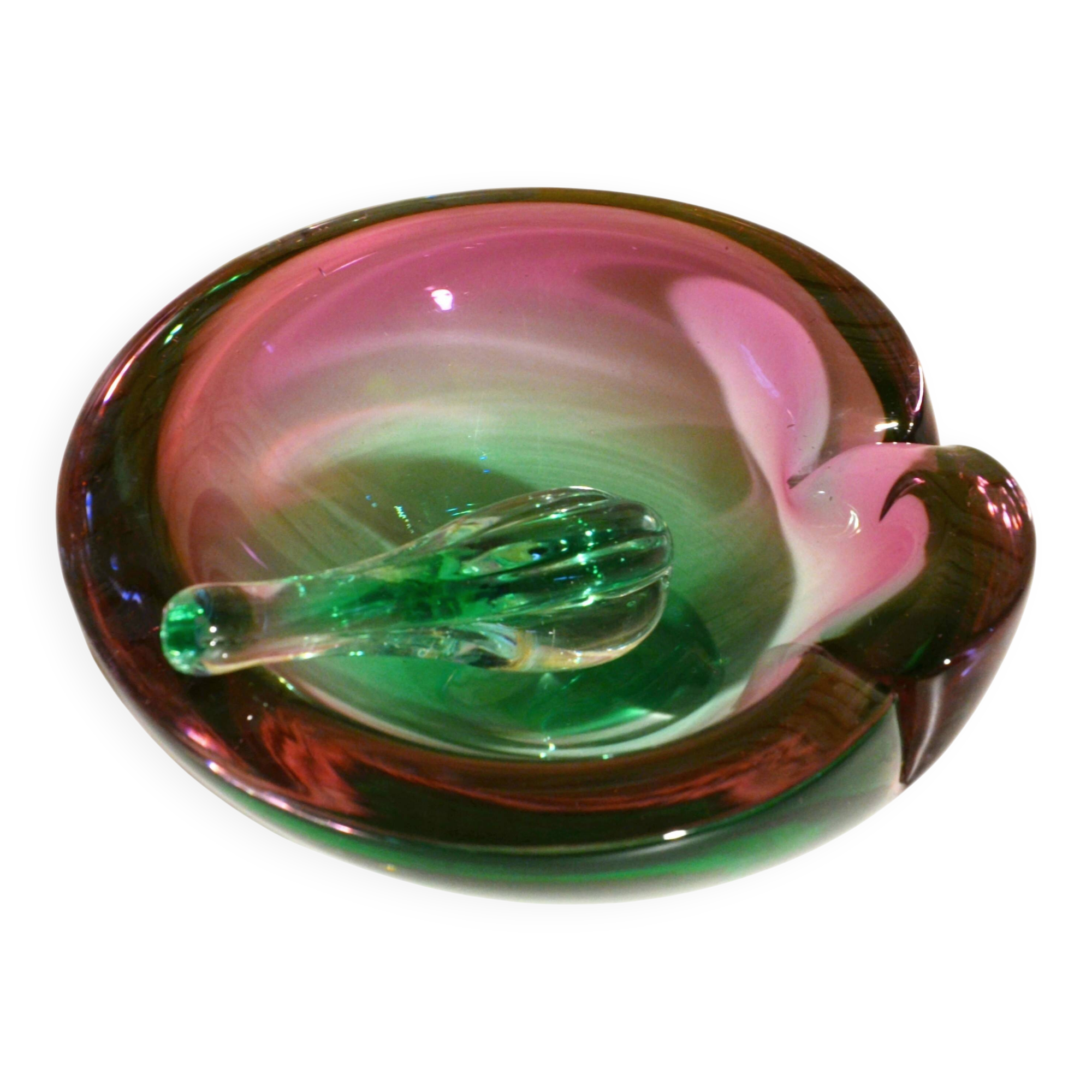 Ashtray with a green and fuchsia glass pestle, Murano Sommerso, 17x6cm