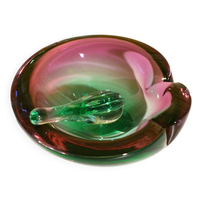 Cendrier avec pilon en verre vert et fushia, Murano Sommerso, 17x6cm