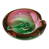 Cendrier avec pilon en verre vert et fushia, Murano Sommerso, 17x6cm