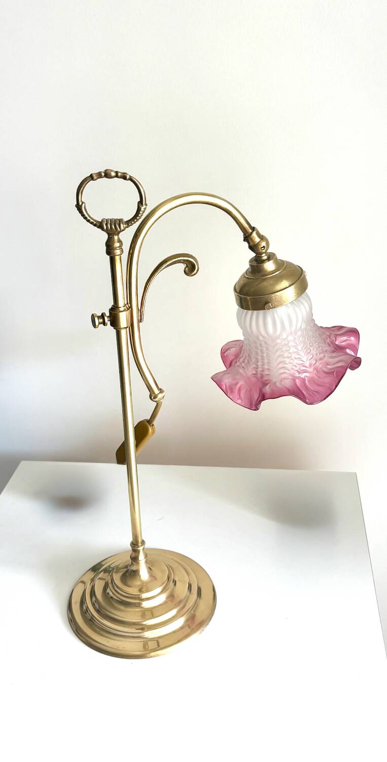 Art Nouveau style lamp in gilded brass and pink opaline tulip