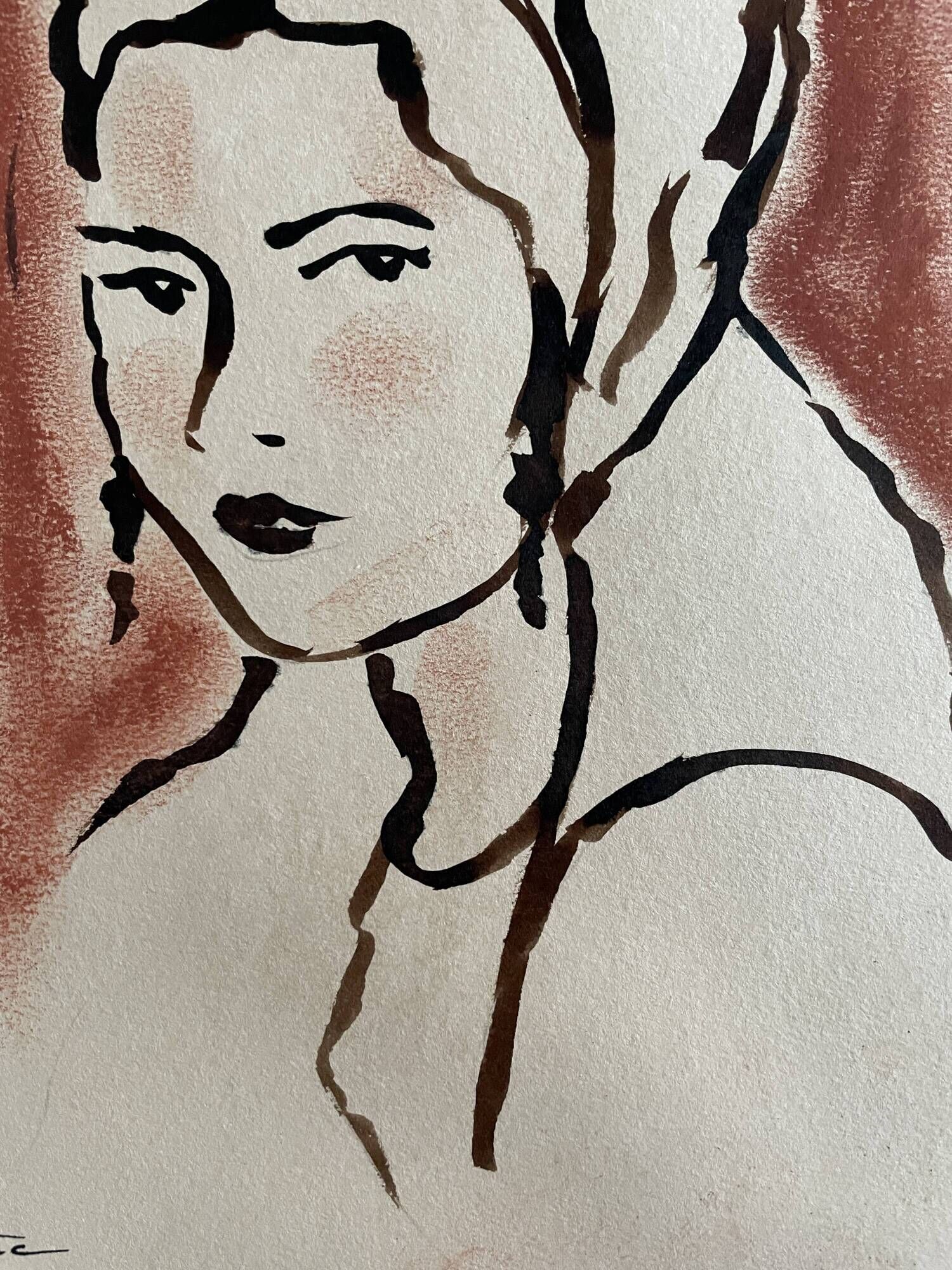 Signed painting pastel and Indian ink female portrait “study with headdress”