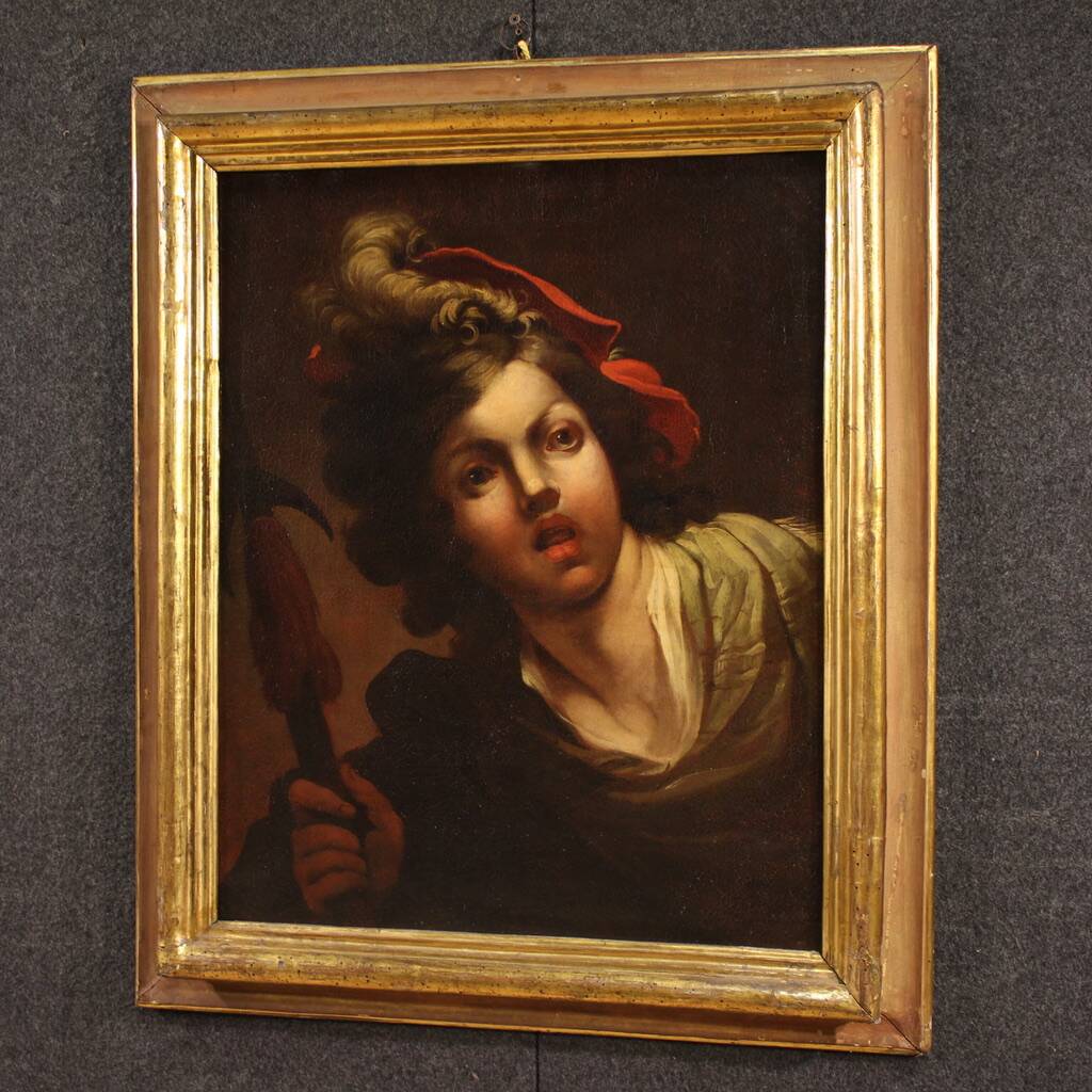 Antique French painting from the 18th century, portrait of a soldier