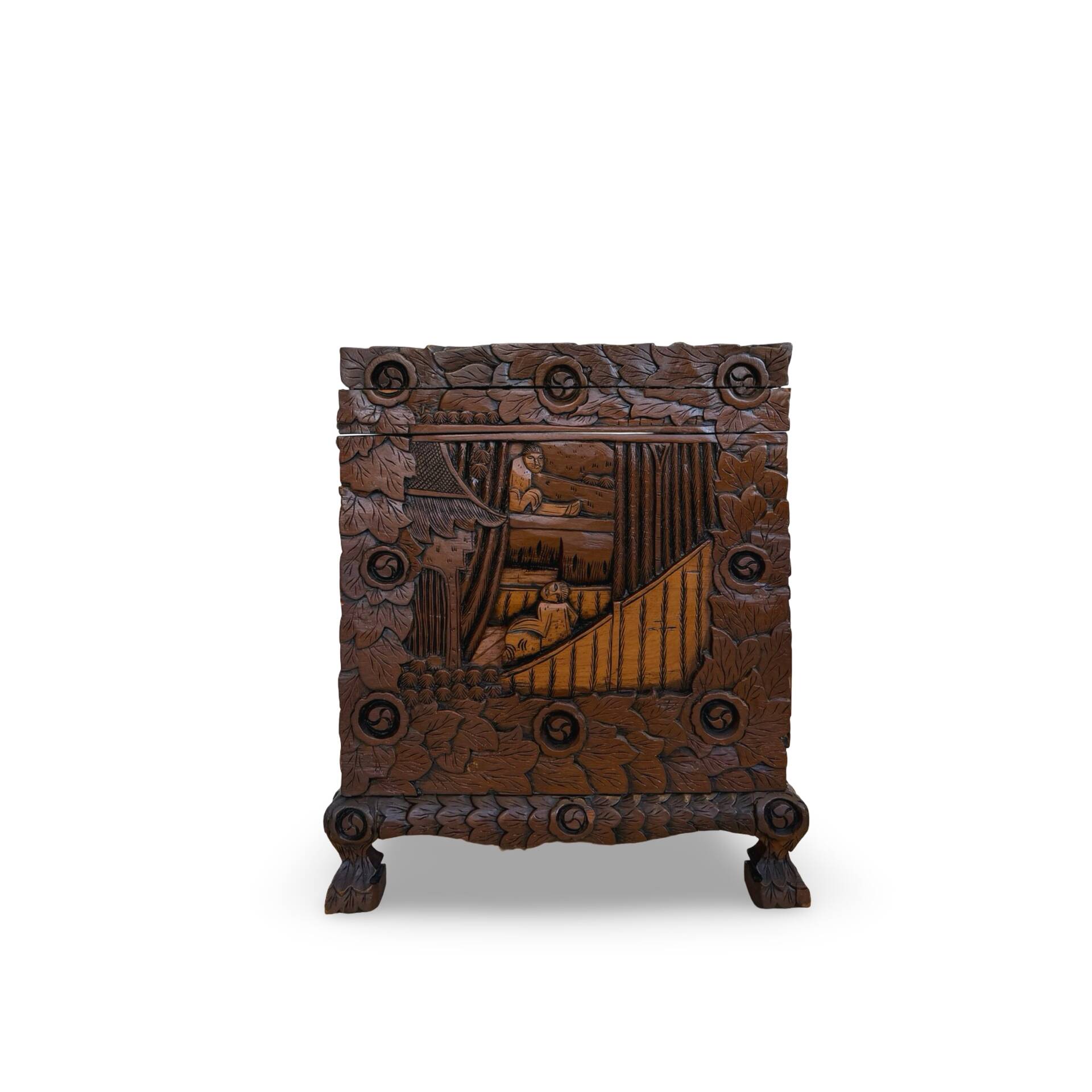 Antique Chinese Carved Export Chest – Dragon, Phoenix & Landscape Deco