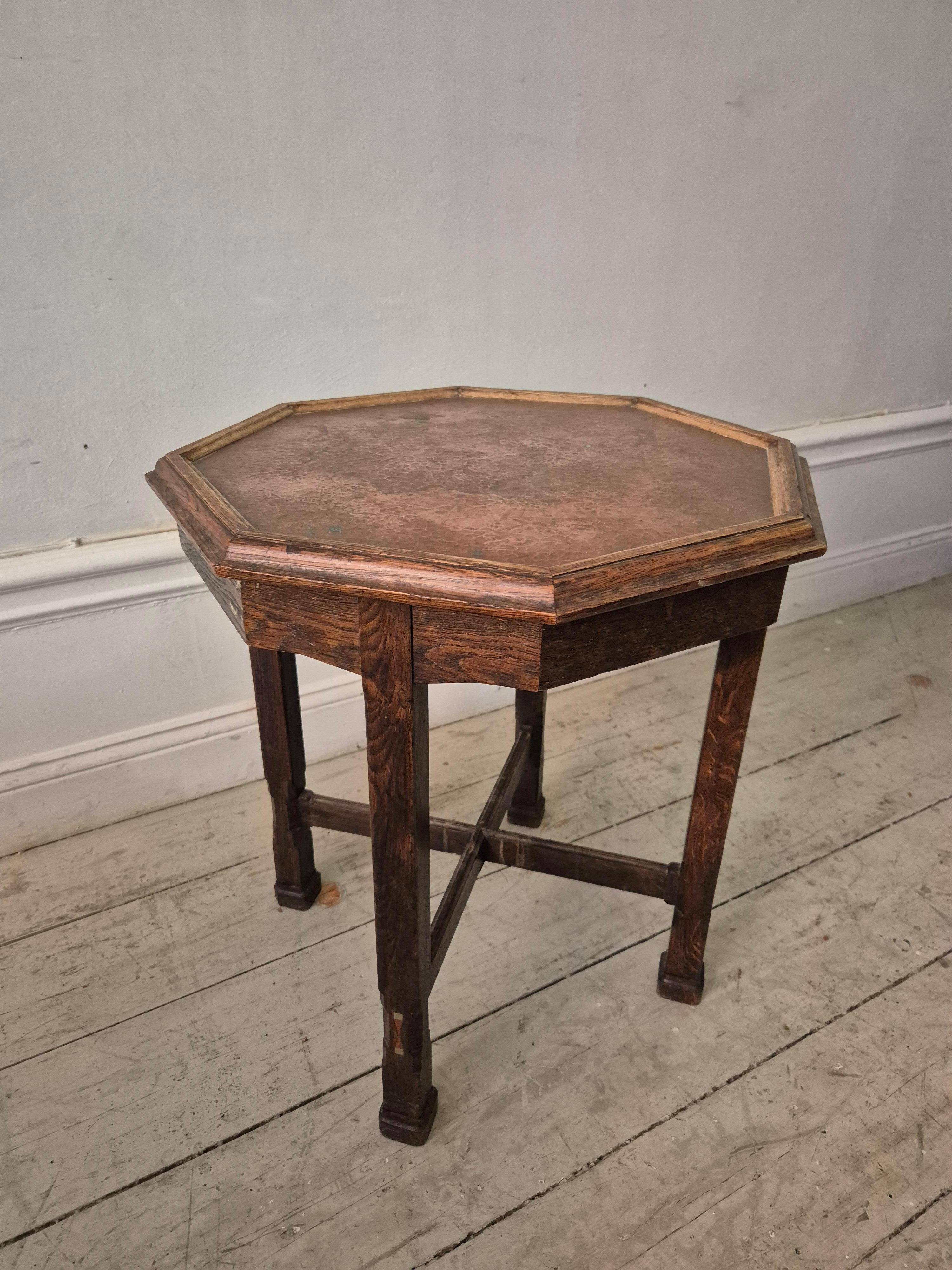 Swedish smoking table, Oak with copper top, 1913 by Nordiska Kompaniet