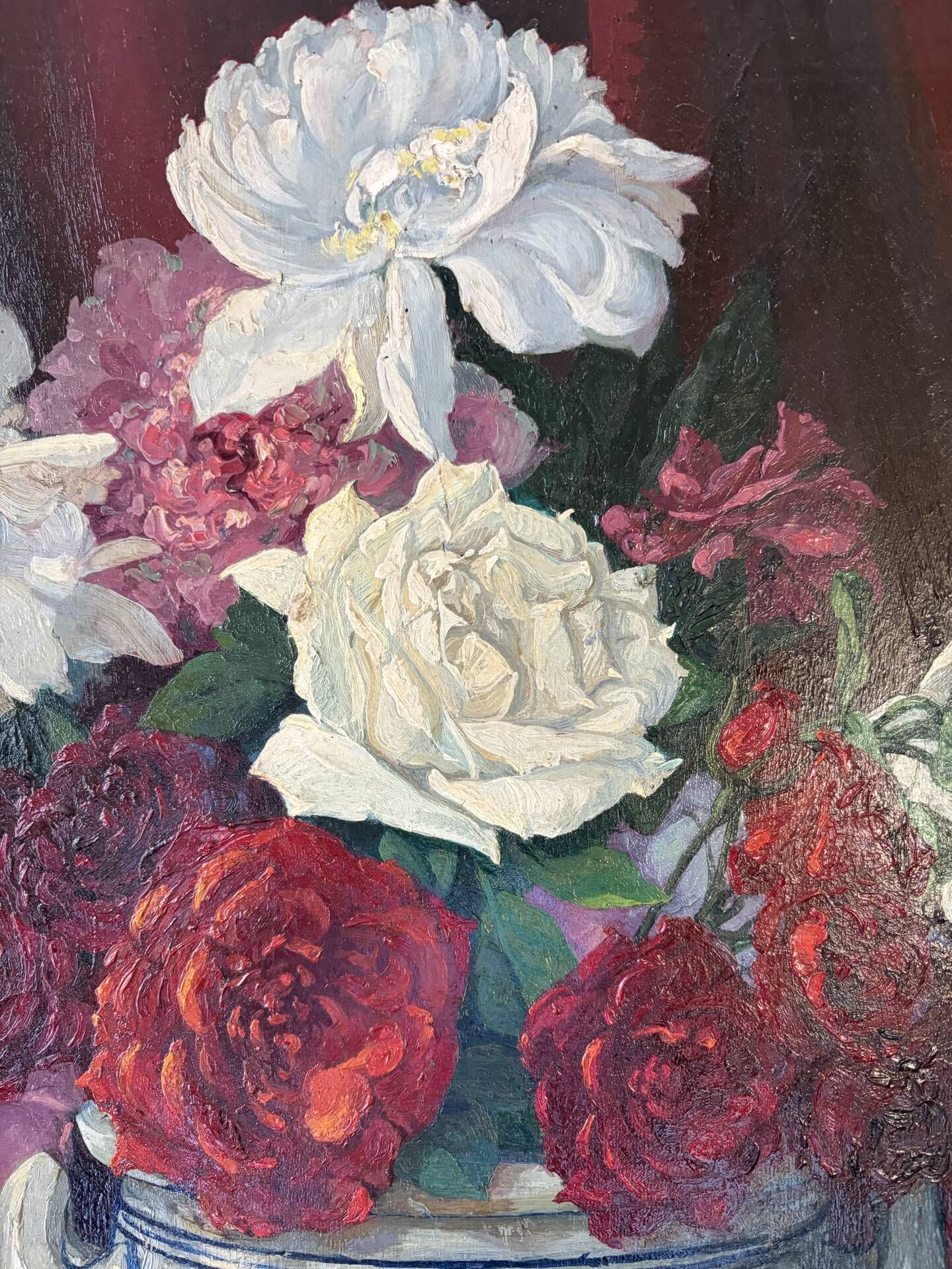 Bouquet of roses, burgundy background, oil on panel 1951