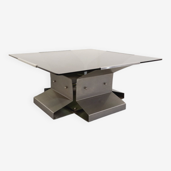 Table basse vintage carrée en acier et verre fumé des années 70