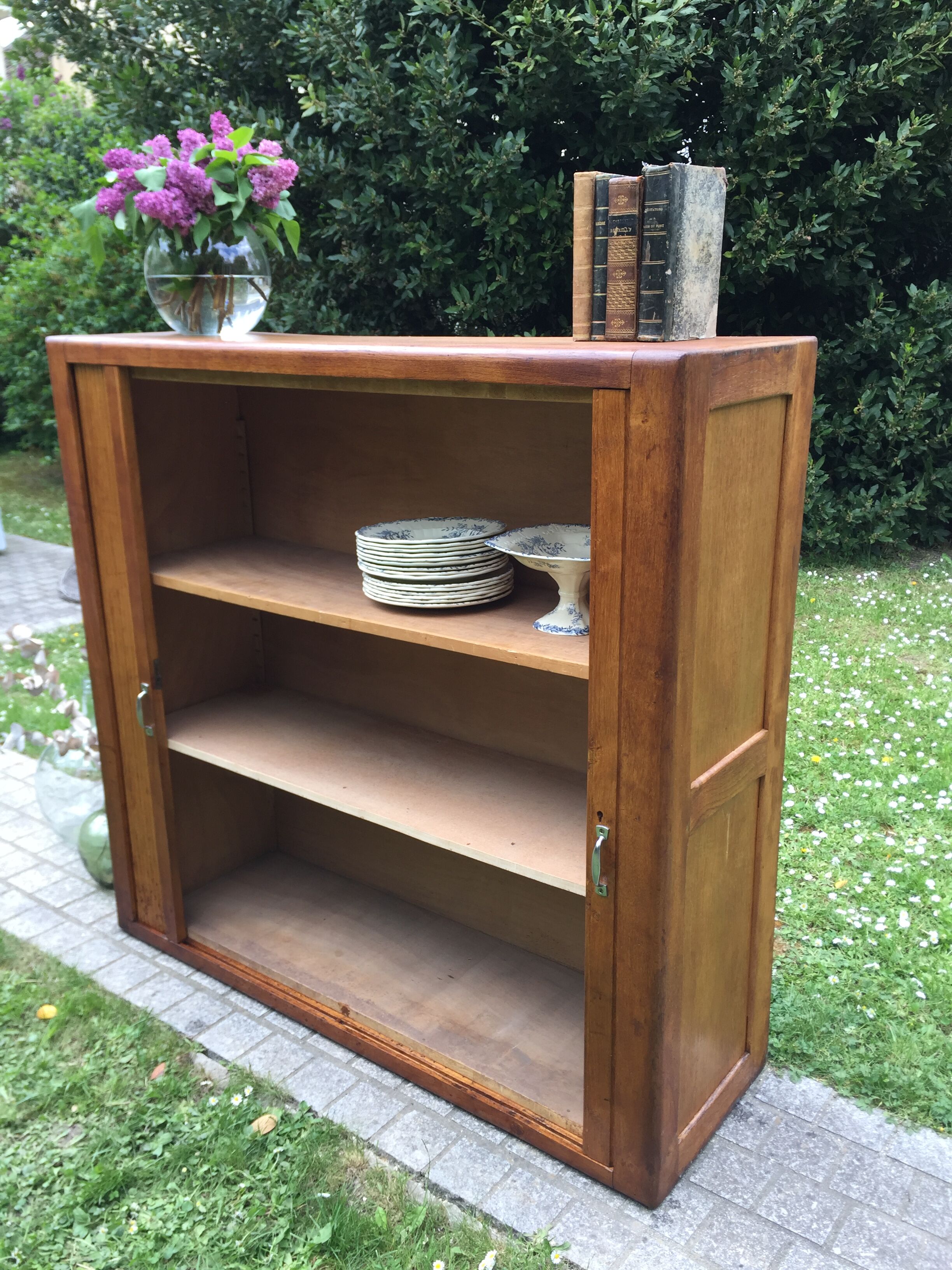 Low cupboard / curtain 1950 vintage blond oak buffet