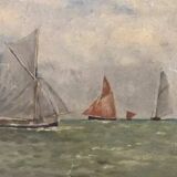 Peinture à l'huile vintage du XIXe siècle représentant un voilier en mer