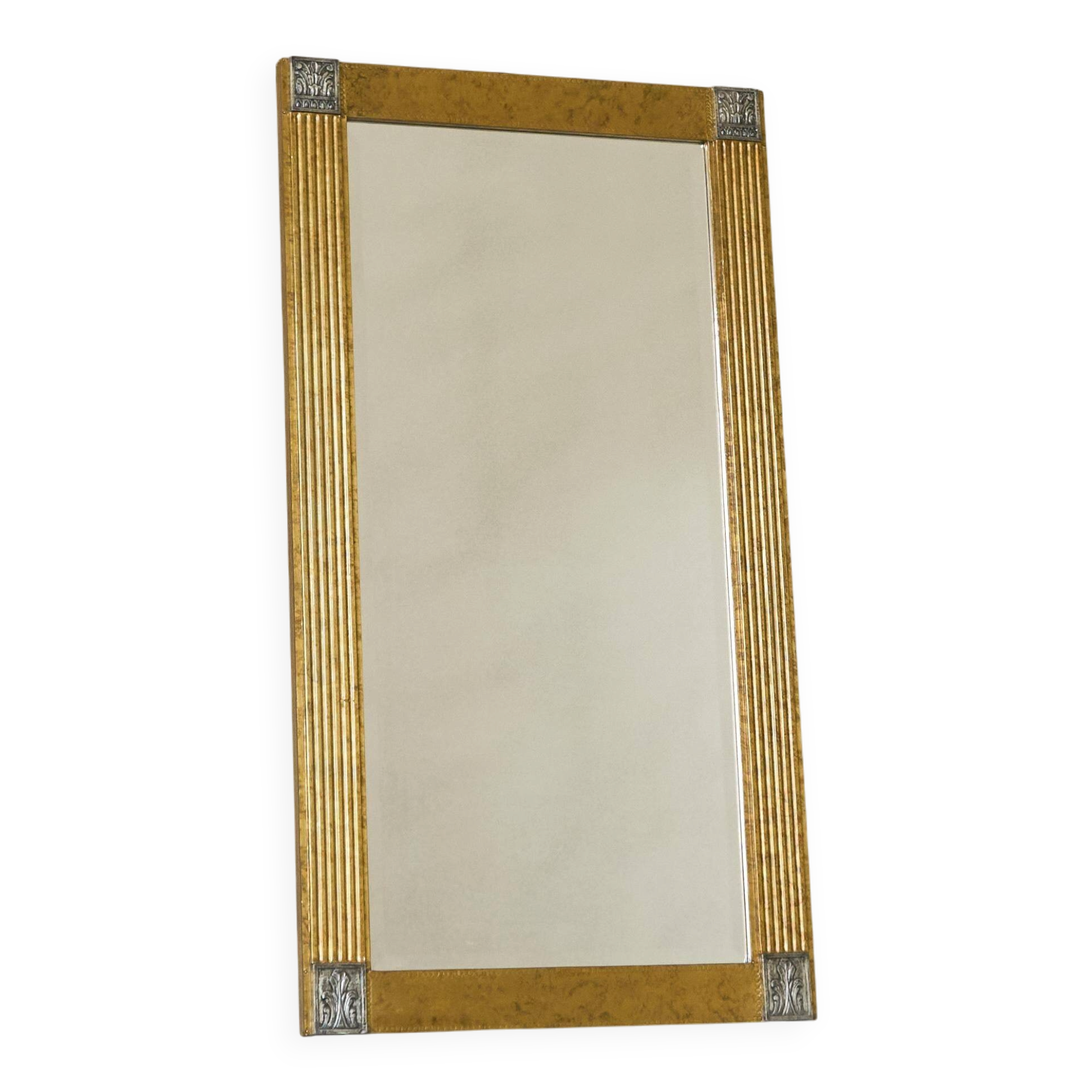 Grand miroir Art déco en laiton patiné avec verre facetté années 1960