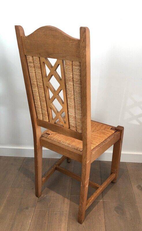 Lot de 6 chaises brutalistes en bois et rotin