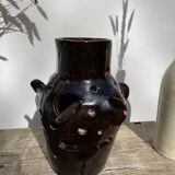 Brutalist lamp in black / brown ceramic openwork 1970