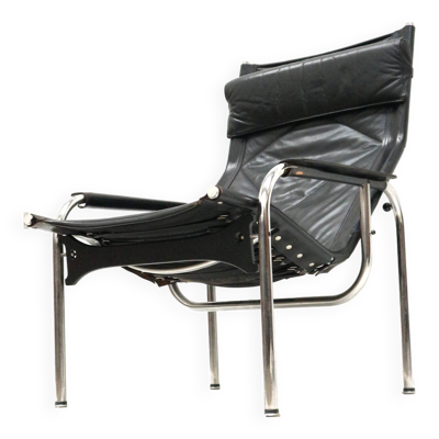 2x Fauteuil vintage en cuir noir de Strässle HE1106 conçu par Hans Eichenberger