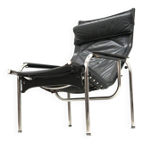 2x Vintage black leather armchair by Strässle HE1106 designed by Hans Eichenberger