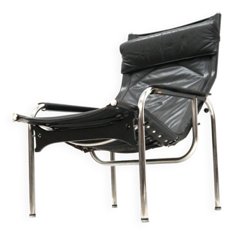2x Vintage black leather armchair by Strässle HE1106 designed by Hans Eichenberger