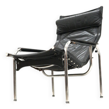 2x Vintage black leather armchair by Strässle HE1106 designed by Hans Eichenberger