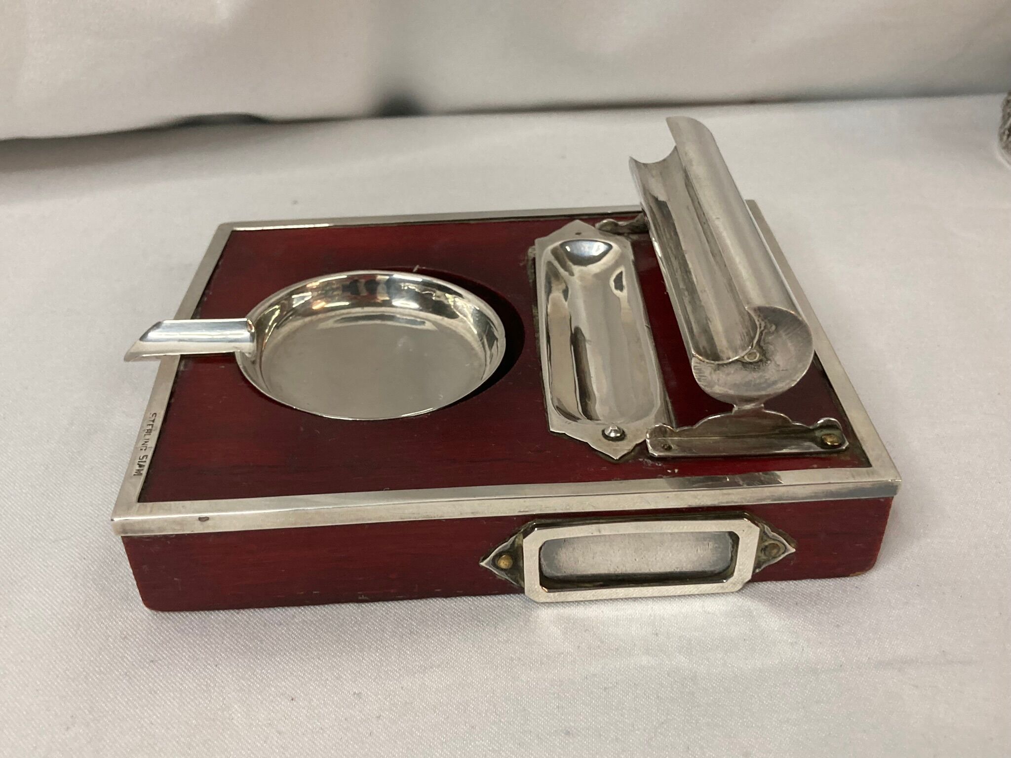 2211869 Vintage, necessary smoker ashtray silver metal red wood circa 1940