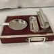 2211869 Vintage, necessary smoker ashtray silver metal red wood circa 1940