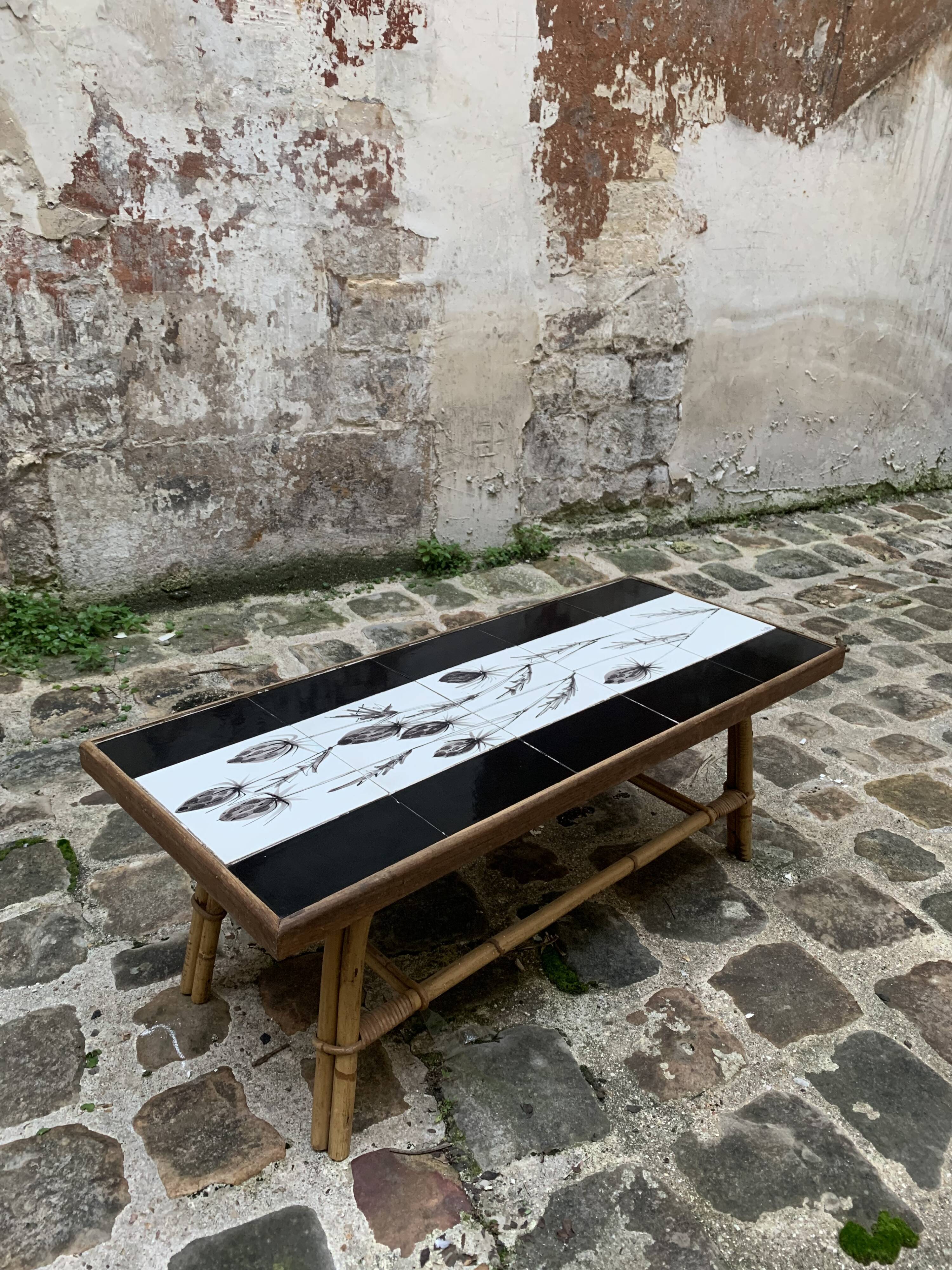 Table by Roger Capron, ceramics and rattan