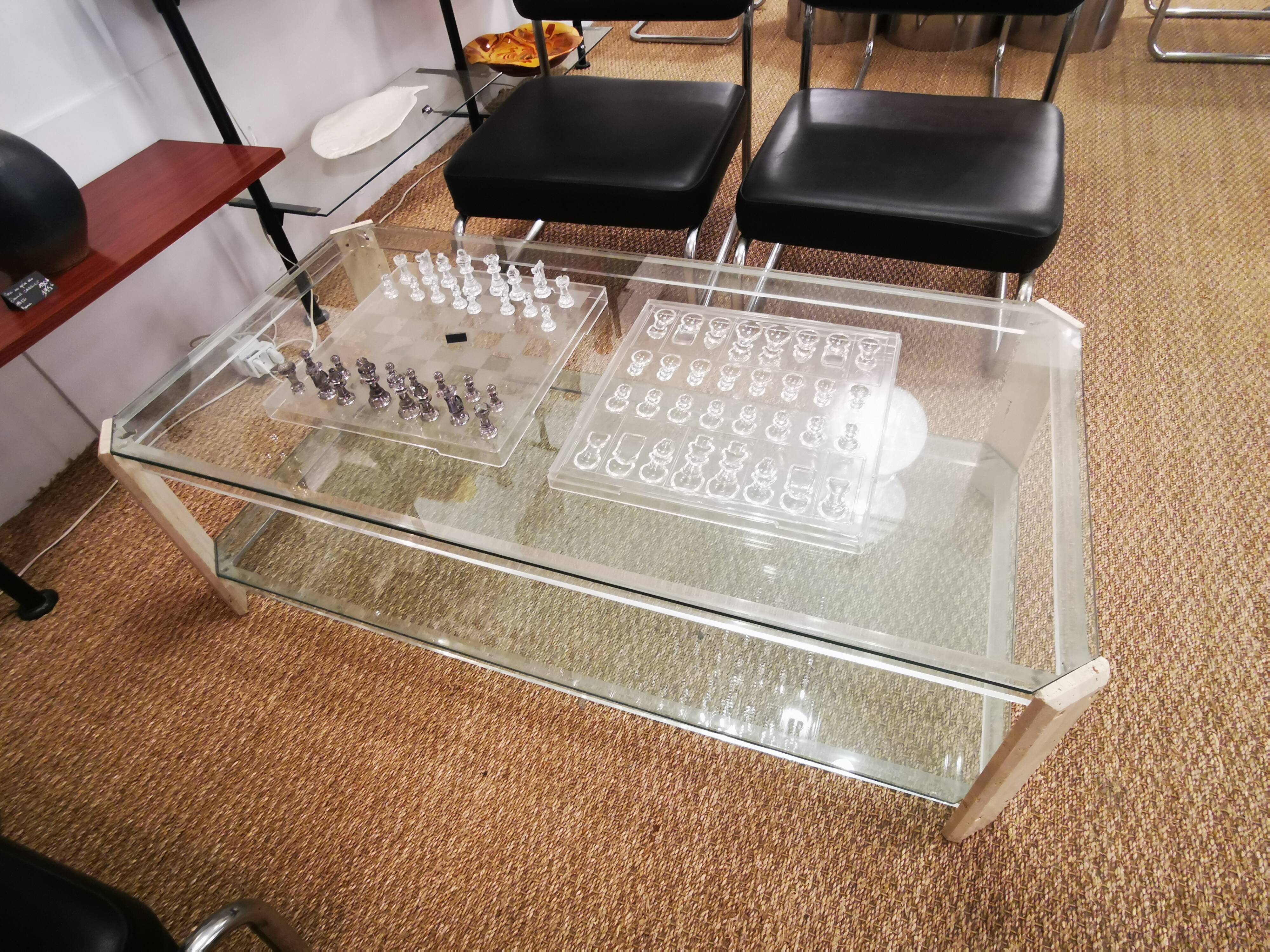 Italian travertine, perspex and glass coffee table, circa 1970