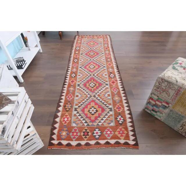 1970s vintage Turkish hand-knotted wool cotton brown runner rug 90x286
