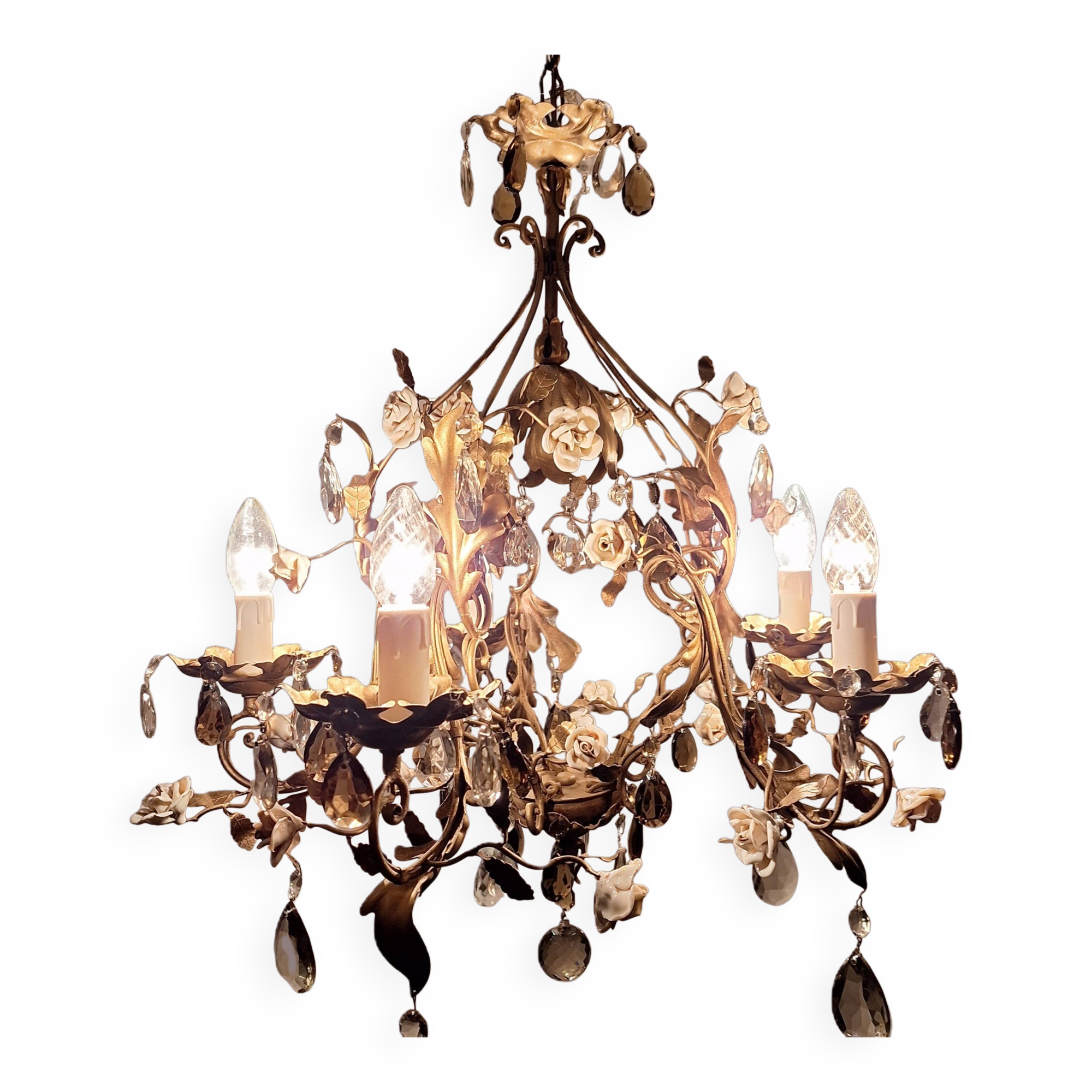Lustre italien antique à 5 bras, roses en céramique et gouttes de cristal *ROMANCE*