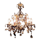 Lustre italien antique à 5 bras, roses en céramique et gouttes de cristal *ROMANCE*