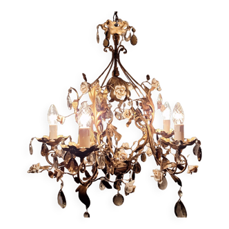 Lustre italien antique à 5 bras, roses en céramique et gouttes de cristal *ROMANCE*