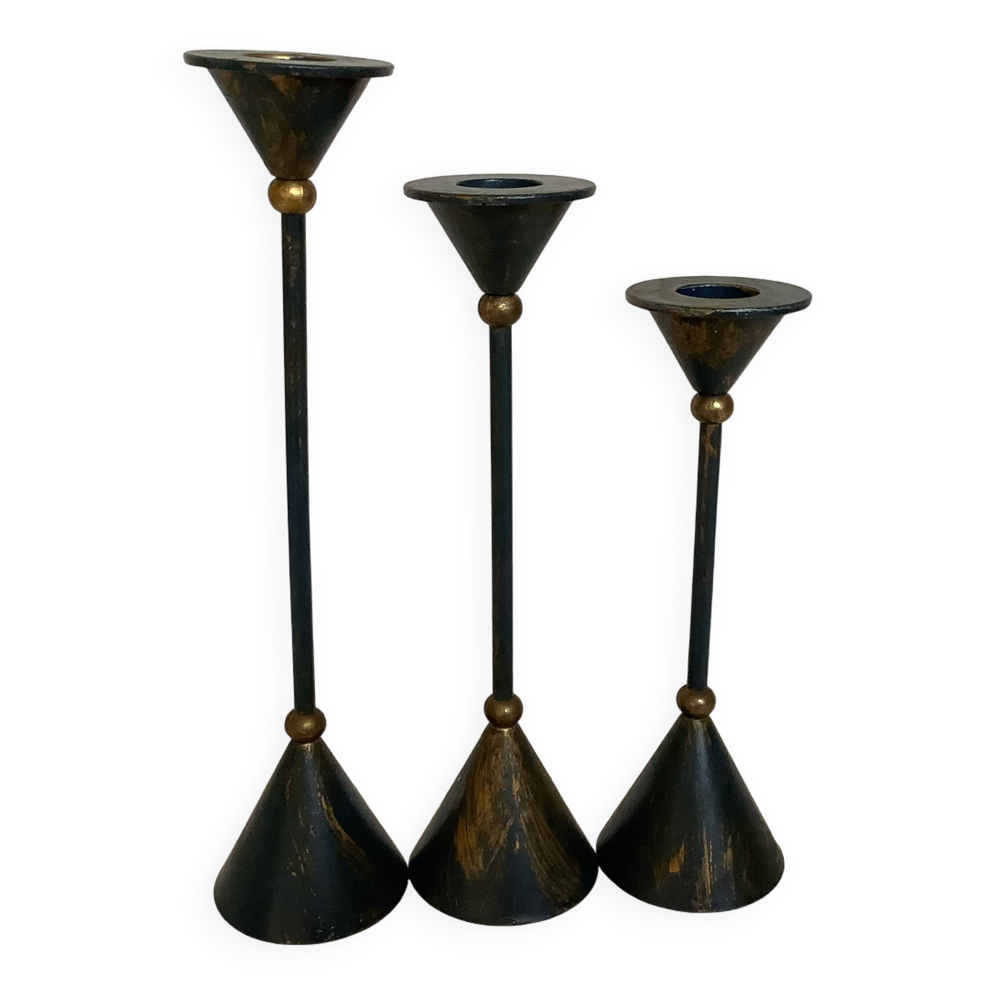 Trio of vintage blue and gold candlesticks
