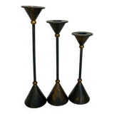 Trio of vintage blue and gold candlesticks